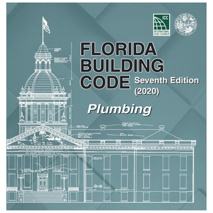 Cover of Florida Building Code Seventh Edition 2020 Plumbing with white architectural blueprint on blue background
