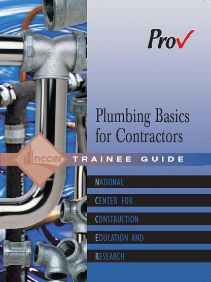 Cover of Plumbing Basics for Contractors trainee guide with metal pipes and National Center for Construction Education logo