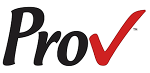 Logo of Prov with black text and red checkmark symbol on white background