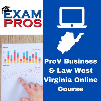Logo of The Exam Pros with a computer icon and West Virginia map alongside text for ProV Business & Law Online Course