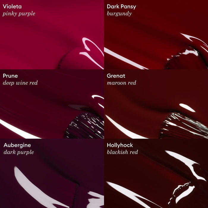 Five glossy paint swatches—Violeta, Manucurist Dark Pansy (burgundy), Prune, Hollyhock, and Aubergine—are shown on a dark background, highlighting luxe velvet reds from the Green™ range.