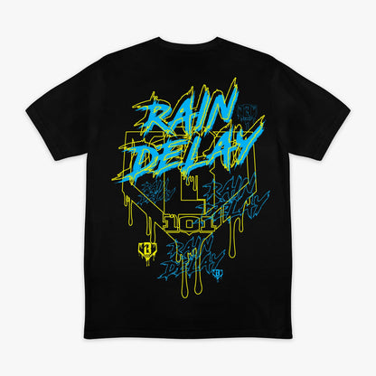 Black Rain Delay graphic tee — back view