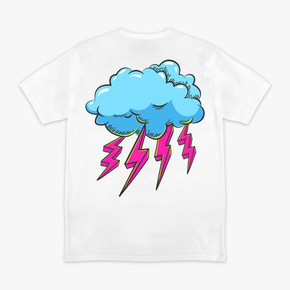 White Rain Delay Lightning Bolt graphic tee — back view