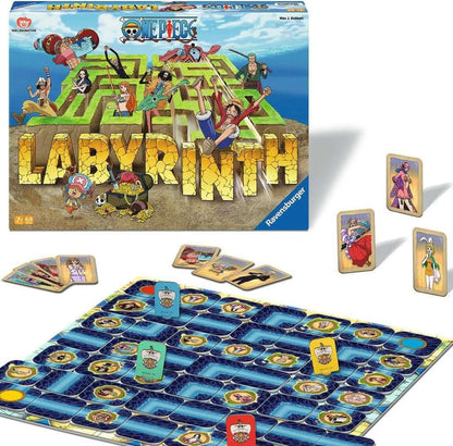 ravensburger Board game set with 'One Piece' Labyrinth theme, including board, cards, and packaging.