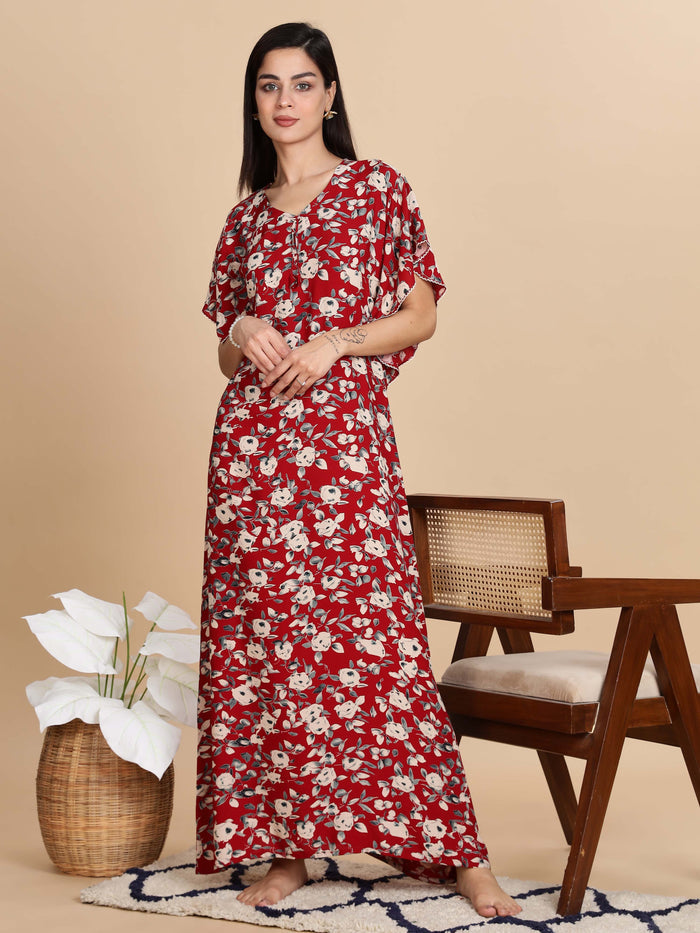 Red Rayon Floral Nightdress For Women For Everyday Wear