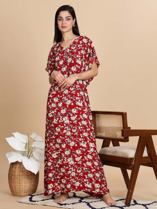 Red Rayon Floral Nightdress For Women For Everyday Wear