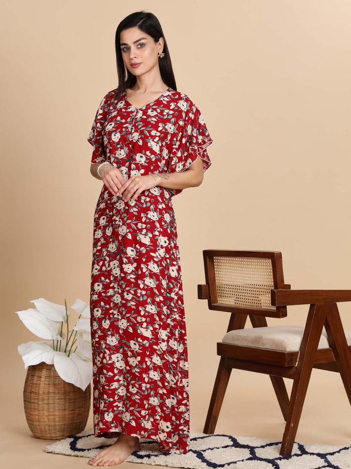 Red Rayon Floral Nightdress For Women For Everyday Wear