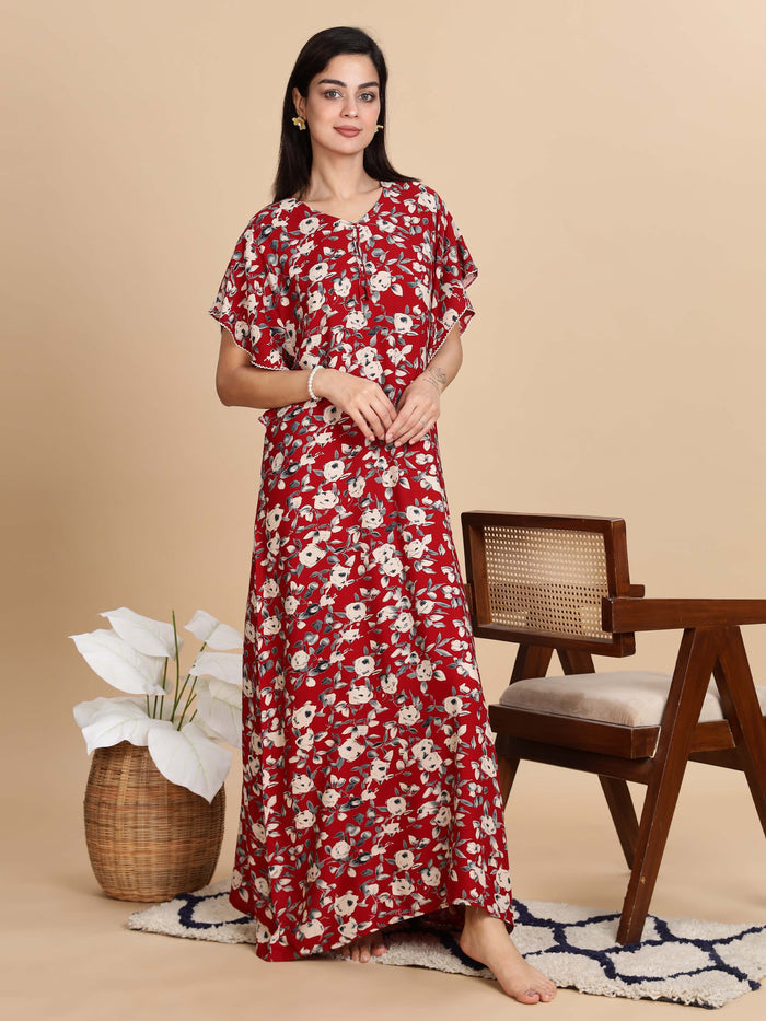 Red Rayon Floral Nightdress For Women For Everyday Wear