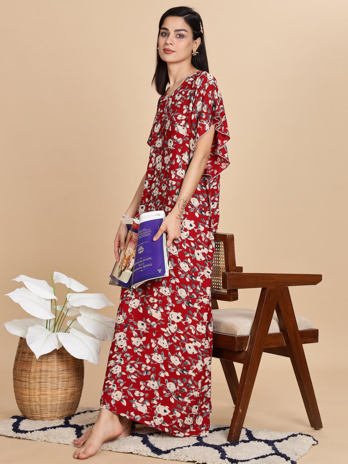 Red Rayon Floral Nightdress For Women For Everyday Wear
