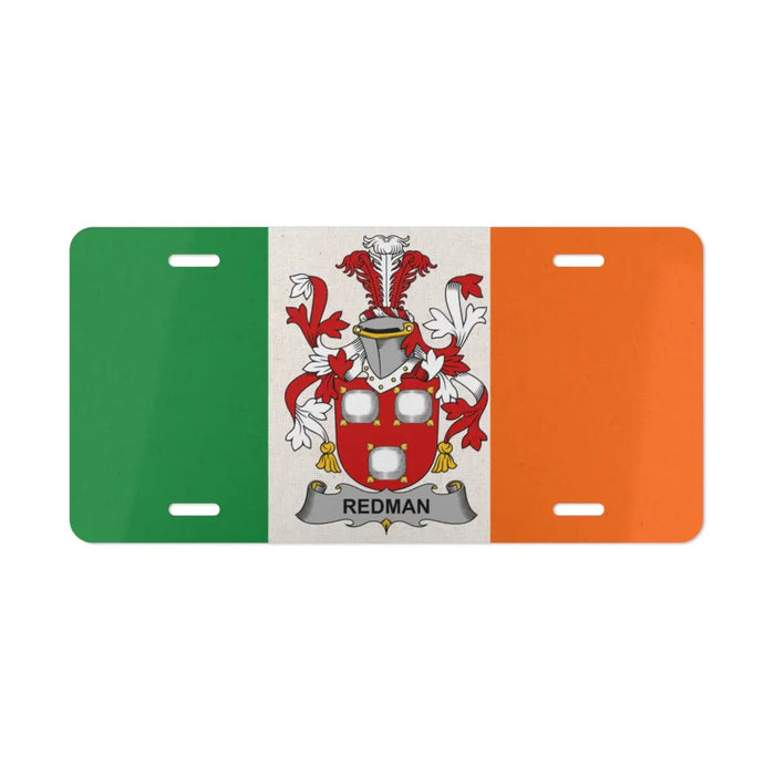 Irish flag license plate featuring the Redman family crest