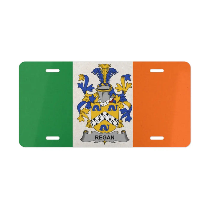 Irish flag license plate featuring the Regan family crest
