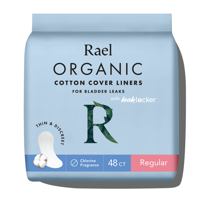 Packaging of Rael Organic Cotton Cover Incontinence Liners with the brand logo and product details, indicating 48 count and regular size.