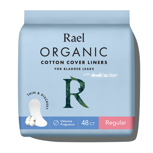 Packaging of Rael Organic Cotton Cover Incontinence Liners with the brand logo and product details, indicating 48 count and regular size.