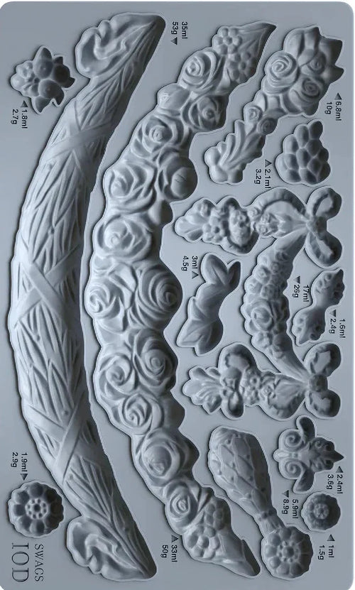 Metallic mold with various floral and leaf designs on a gray background