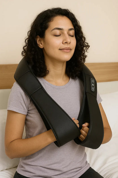 Woman sitting on a bed using the Revalio Shiatsu Neck Shoulder Massager with eyes closed and hands in the arm straps.