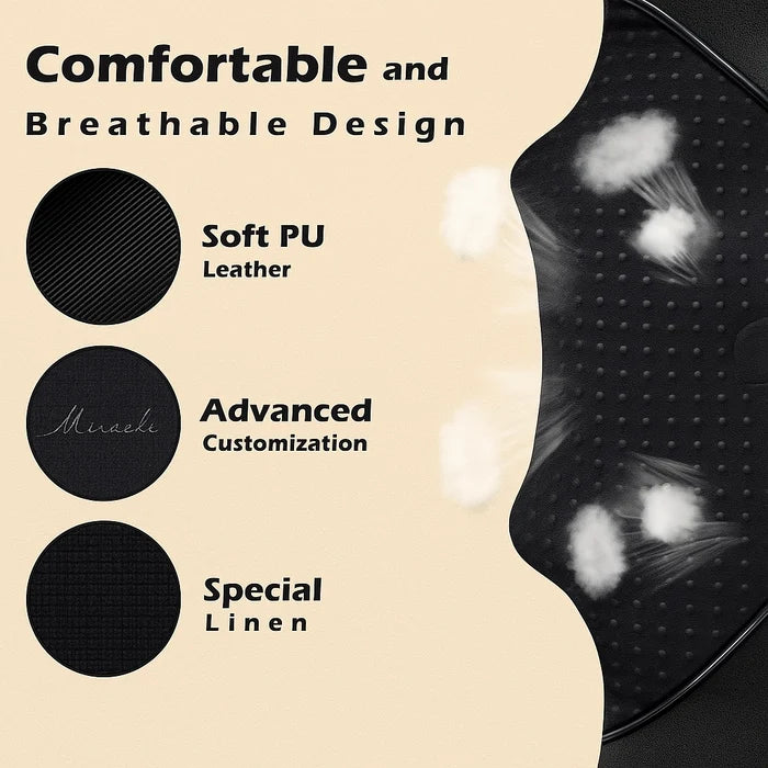 Comfortable and breathable material design of the Revalio Shiatsu Neck Shoulder Massager, highlighting soft PU leather, advanced customization, and special linen for gentle support.