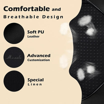 Graphic highlighting the comfortable and breathable design of the Revalio Heated Shoulder Massager Brace with soft PU leather advanced customization and special linen materials.