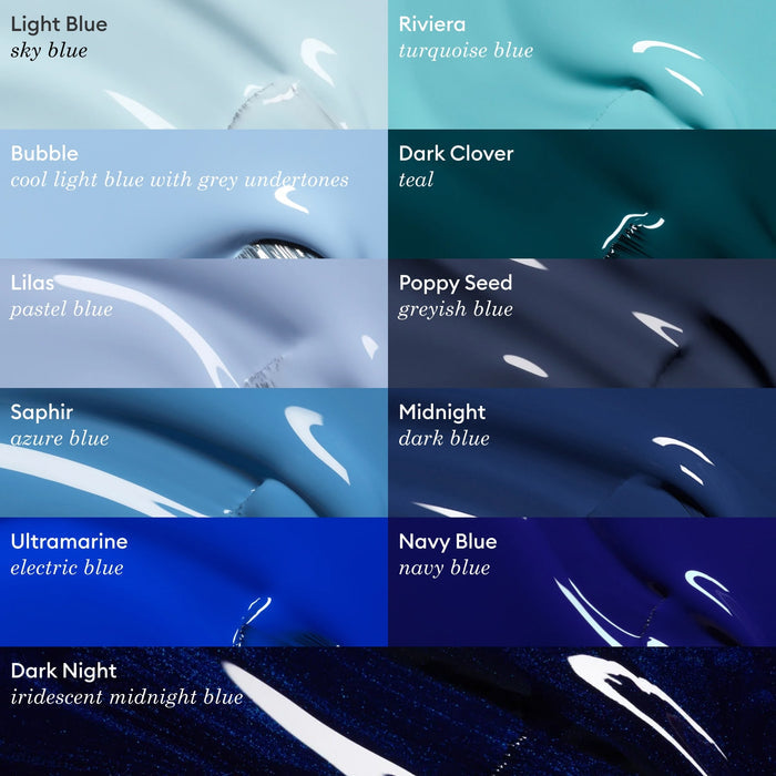 A color chart shows ten blue nail polish shades from Manucurist, including Riviera, Light Blue, Bubble, Dark Clover, Lilas, Poppy Seed, Saphir, Midnight, Ultramarine, Navy Blue, and Dark Night.