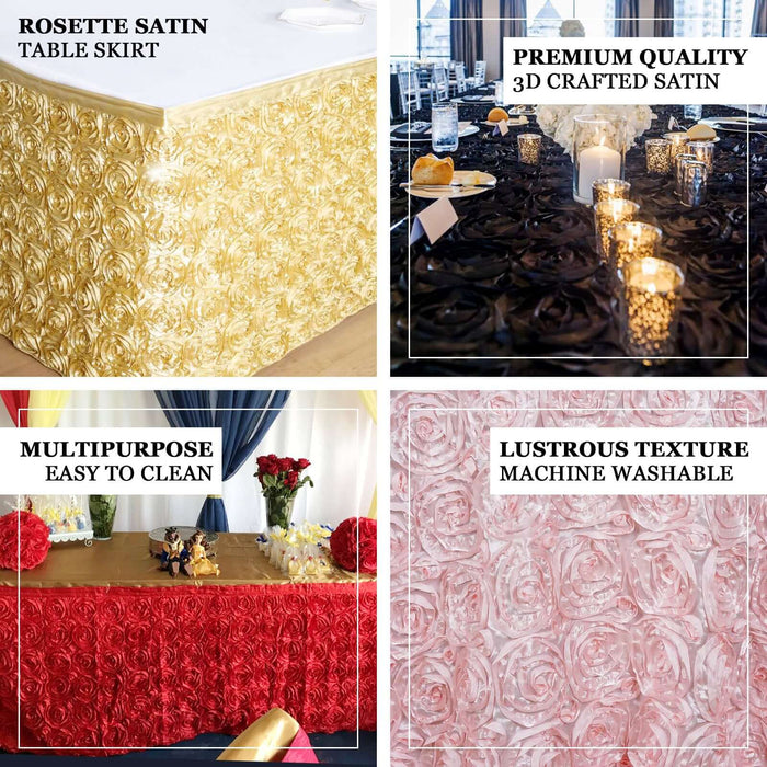 Rosette satin table skirts in various colors and textures for elegant events.