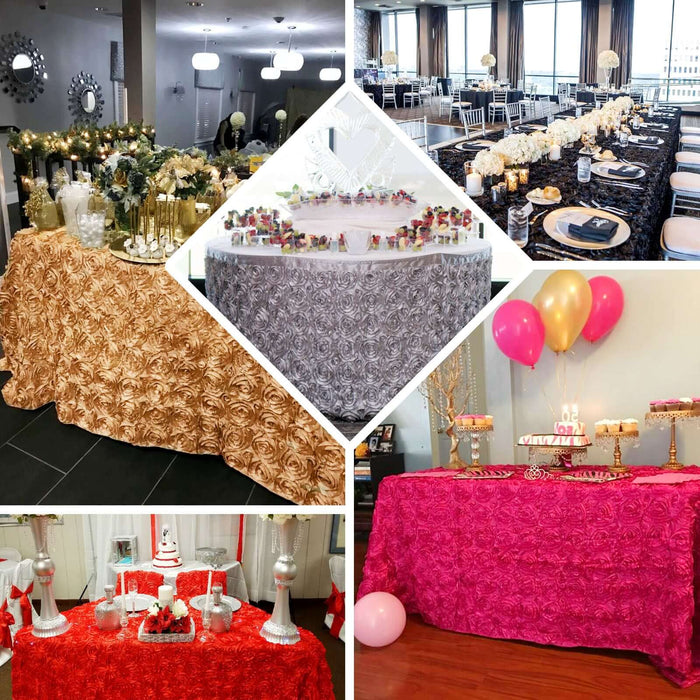 Variety of decorative tablecloths in elegant settings for events and celebrations.