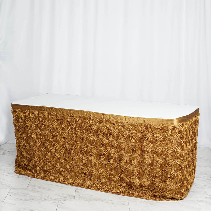 Gold rose-patterned table skirt for events and decorations.