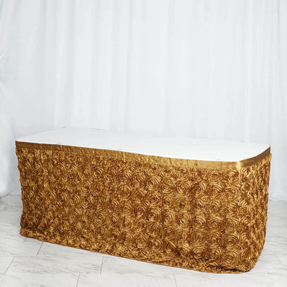 Gold rose-patterned table skirt for events and decorations.