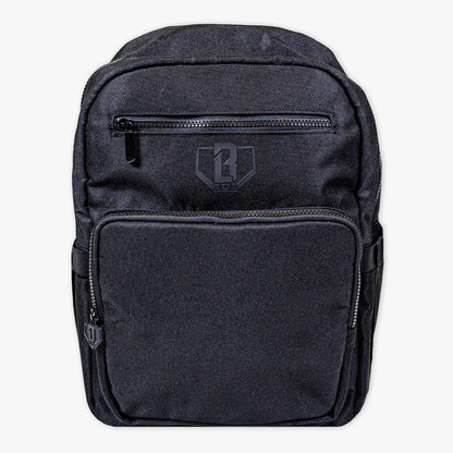 Adult model wearing black backpack with "Rotation" design