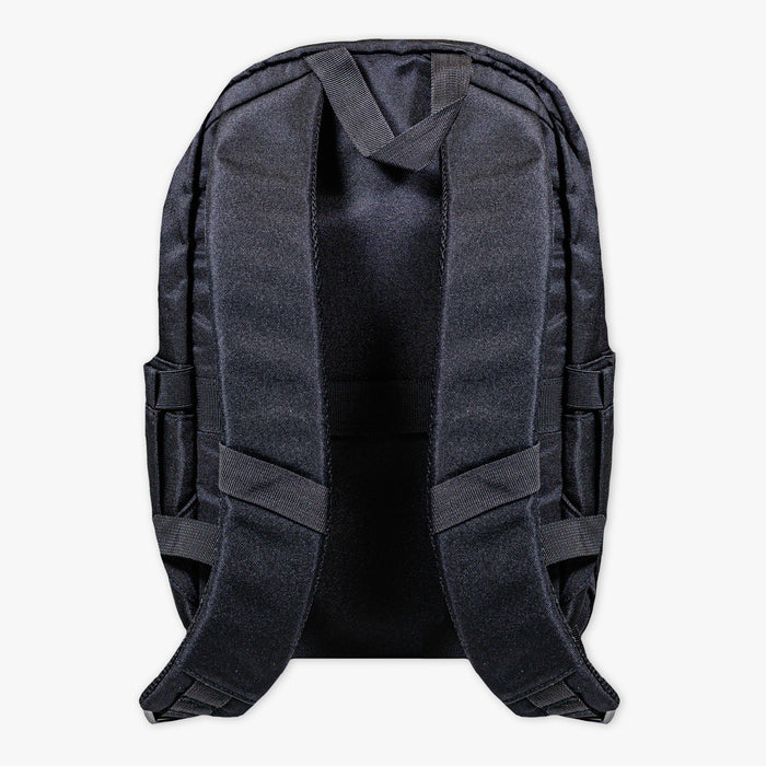Adult model wearing black backpack with "Rotation" design