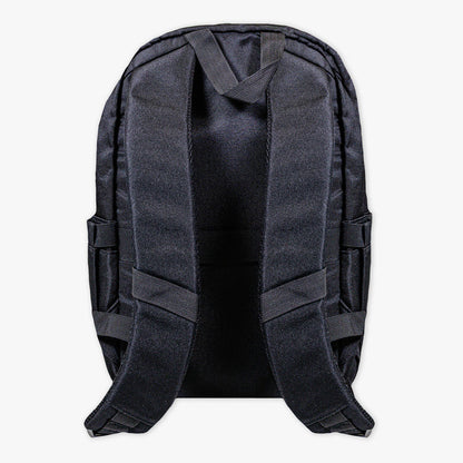 Adult model wearing black backpack with "Rotation" design