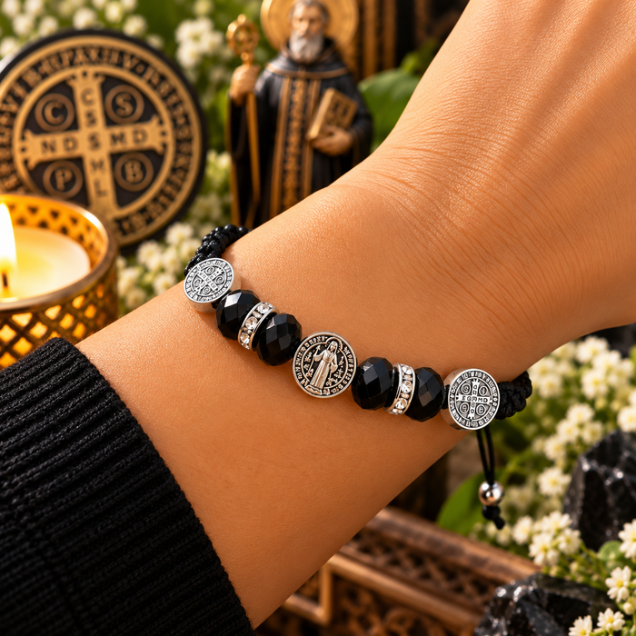 San Benito Protection Bracelet – Saint Benedict Medal Bracelet with Black Beads