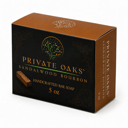 A 5 oz box of Private Oaks Sandalwood Bourbon handcrafted bar soap, shown at a three-quarter angle on a white background.