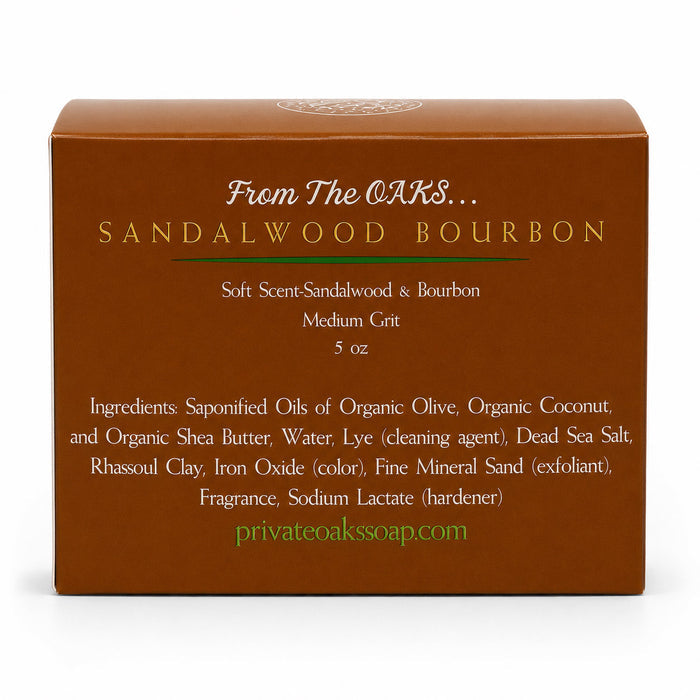 A brown rectangular box for Sandalwood Bourbon soft scented soap by From The OAKS, with white and gold text on the front, photographed on a white background.