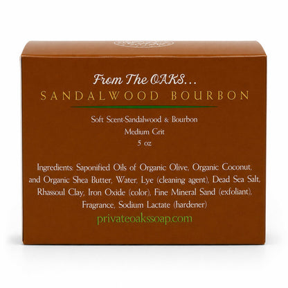A brown rectangular box for Sandalwood Bourbon soft scented soap by From The OAKS, with white and gold text on the front, photographed on a white background.