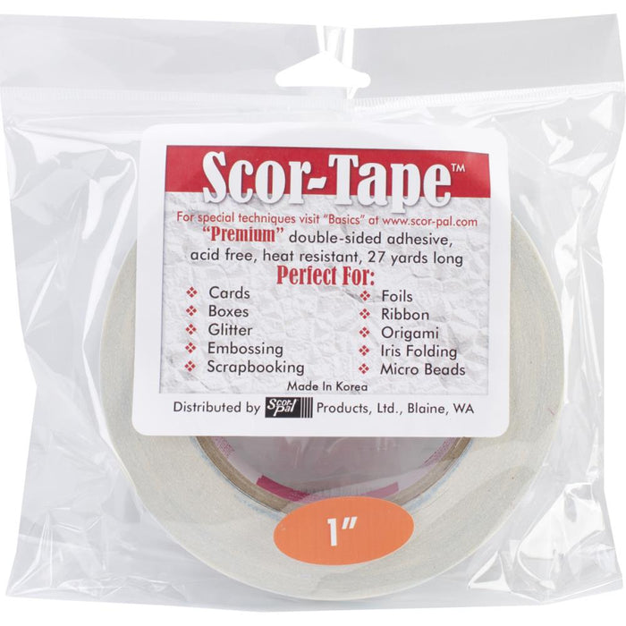 Scor-Tape - 1"X27yd. Premium double-sided adhesive that is perfect for cards, boxes, glitter, embossing, scrapbooking, foils, ribbon, origami, iris folding, micro beads, and much more! This package contains 27 yards of 1 inch wide tape. Available at Embellish Away located in Bowmanville Ontario Canada.