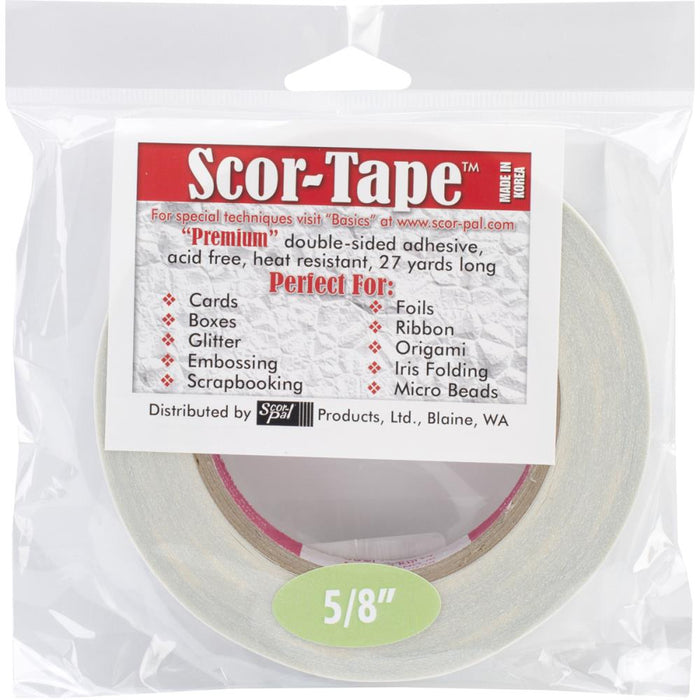 Scor-Tape - .625"X27yd. Premium double-sided adhesive that is perfect for cards, boxes, glitter, embossing, scrapbooking, foils, ribbon, origami, iris folding, micro beads, and much more! This tape is acid free and heat resistant. Available at Embellish Away located in Bowmanville Ontario Canada.