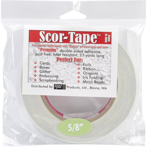 Scor-Tape - .625"X27yd. Premium double-sided adhesive that is perfect for cards, boxes, glitter, embossing, scrapbooking, foils, ribbon, origami, iris folding, micro beads, and much more! This tape is acid free and heat resistant. Available at Embellish Away located in Bowmanville Ontario Canada.