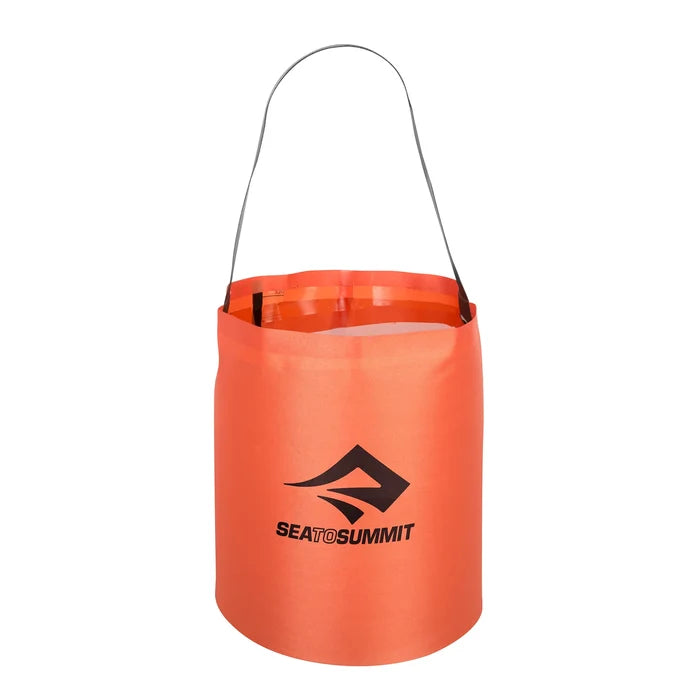 Orange bucket with a handle and Sea to Summit logo on a white background