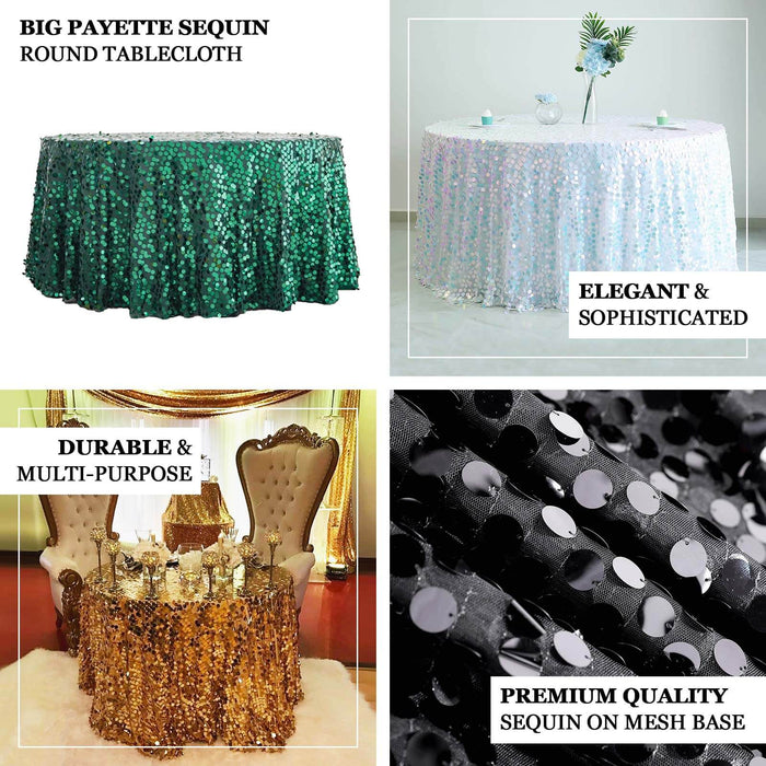 Big payette sequin round tablecloths in various colors for elegant events.