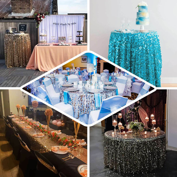 Variety of elegant table setups featuring sequin tablecloths for events.