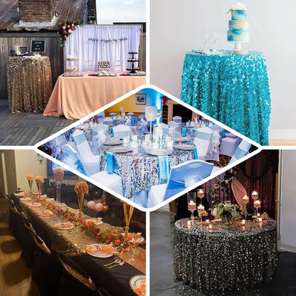 Variety of elegant table setups featuring sequin tablecloths for events.