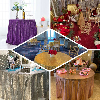 Sequin tablecloths in various colors for festive table setups.