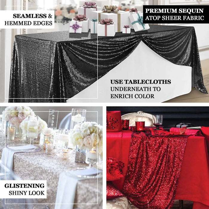 Sequin tablecloths in various colors and styles for elegant event decor.