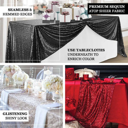 Sequin tablecloths in various colors and styles for elegant event decor.