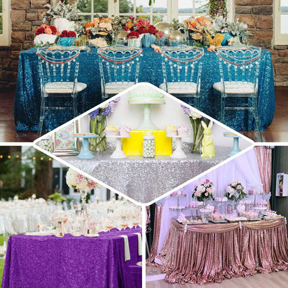 Elegant table setups with sequined tablecloths and floral arrangements in various colors.