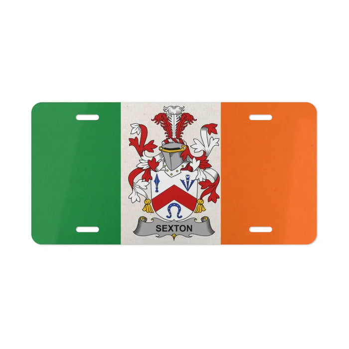 Irish flag license plate featuring the Sexton family crest