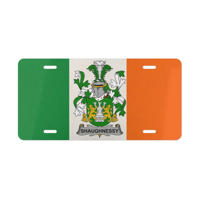 Irish flag license plate featuring the Shaughnessy family crest