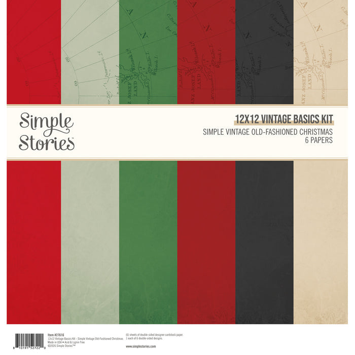 Simple Stories 12X12 Vintage Basics Kit Simple Vintage Old-Fashioned Christmas. (6) Sheets Designer Cardstock. At Embellish Away in Bowmanville Ontario Canada.