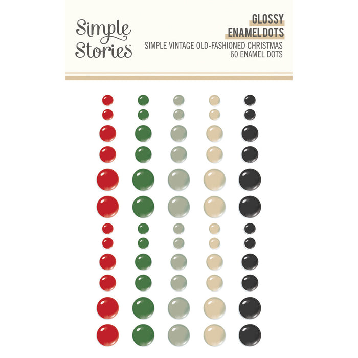 Simple Stories Glossy Enamel Dots Vintage Old-Fashioned Christmas. 60 pieces, 5 colors, 3 sizes, 4 of each size. At Embellish Away in Bowmanville Ontario Canada.