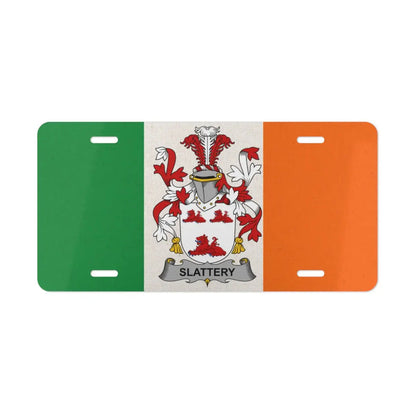 Irish flag license plate featuring the Slattery family crest