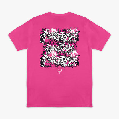 Pink t-shirt with black and white graffiti graphic design with 'Filthy Baseball Lifestyle Grippin Seams and Chasin Dreams' text